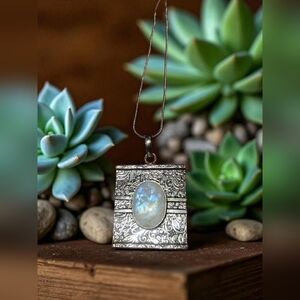 NWT Silver Pendant Necklace with Rainbow Moonstone